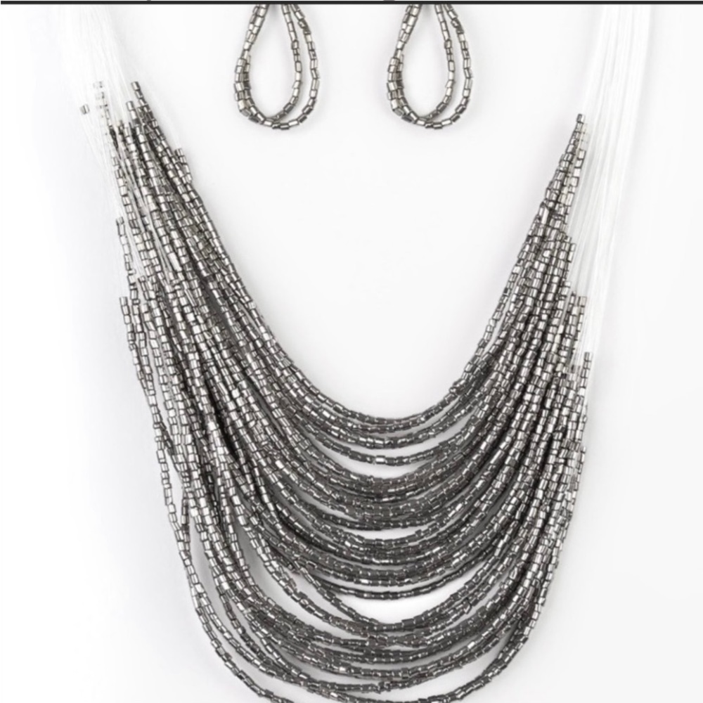 Gray beaded necklace with matching earrings